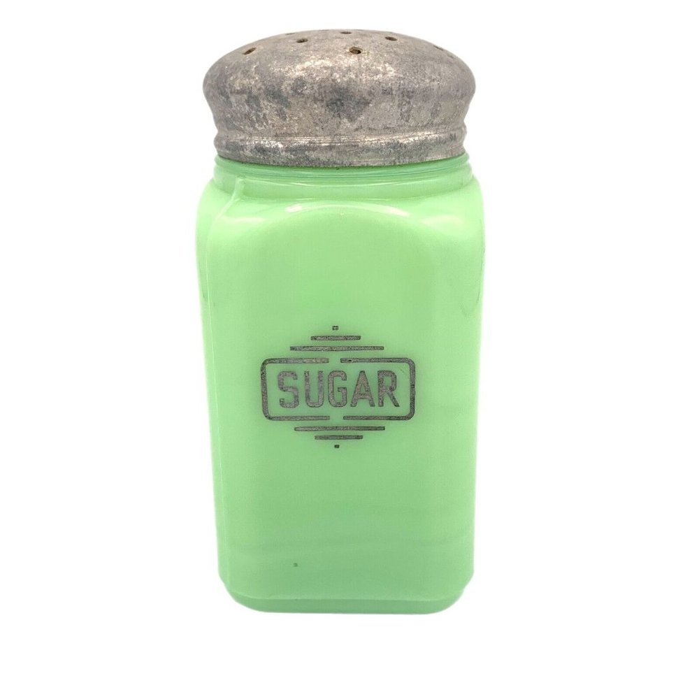 Vintage McKee 1930s Jadeite Square Green Depression Glass Sugar Shaker Metal Top